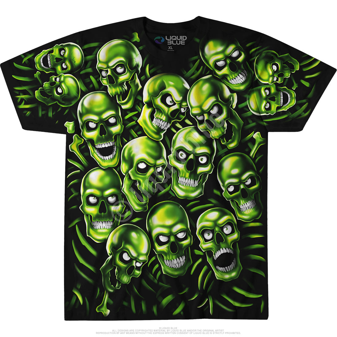 LIQUID BLUE SKULL PILE GREEN T SHIRT ALL OVER PRINT – LABELS